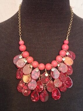 Goldtone Chain With Pink Teardrops Statement Necklace - Women Jewelry